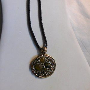 Vintage Lia Sophia Oval Rhinestone Pendant on Braided Leather Chain